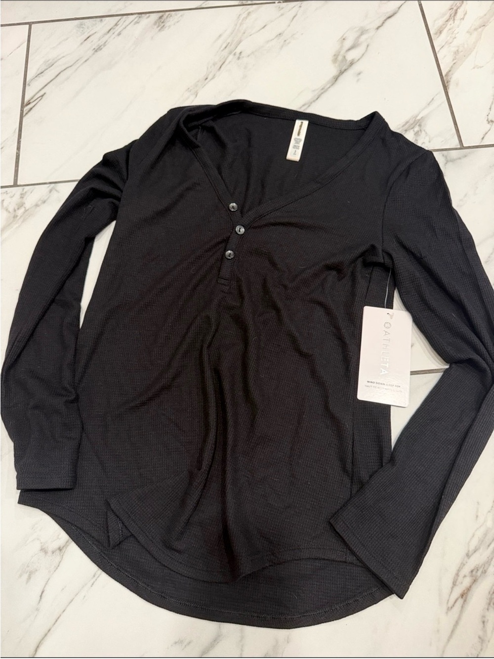 Athleta Waffle Knit Black Long-Sleeve Henley Top